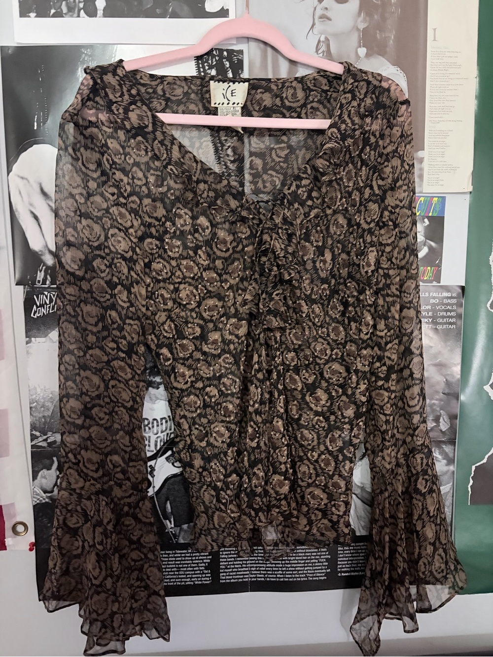 ICE Brown Floral Sheer Bell-Sleeve Blouse